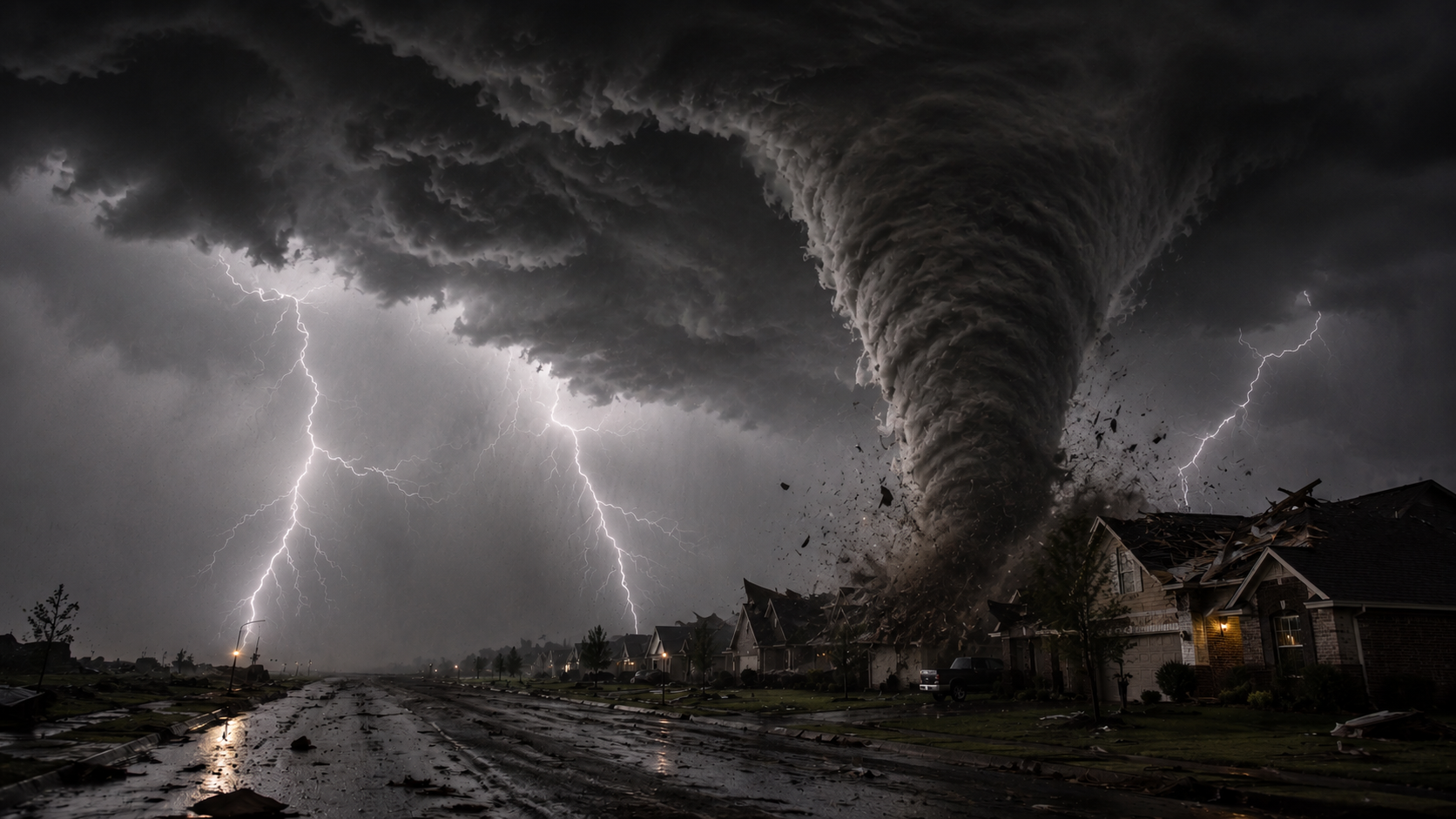 Large tornado beneath a lightning-filled supercell near a neighborhood