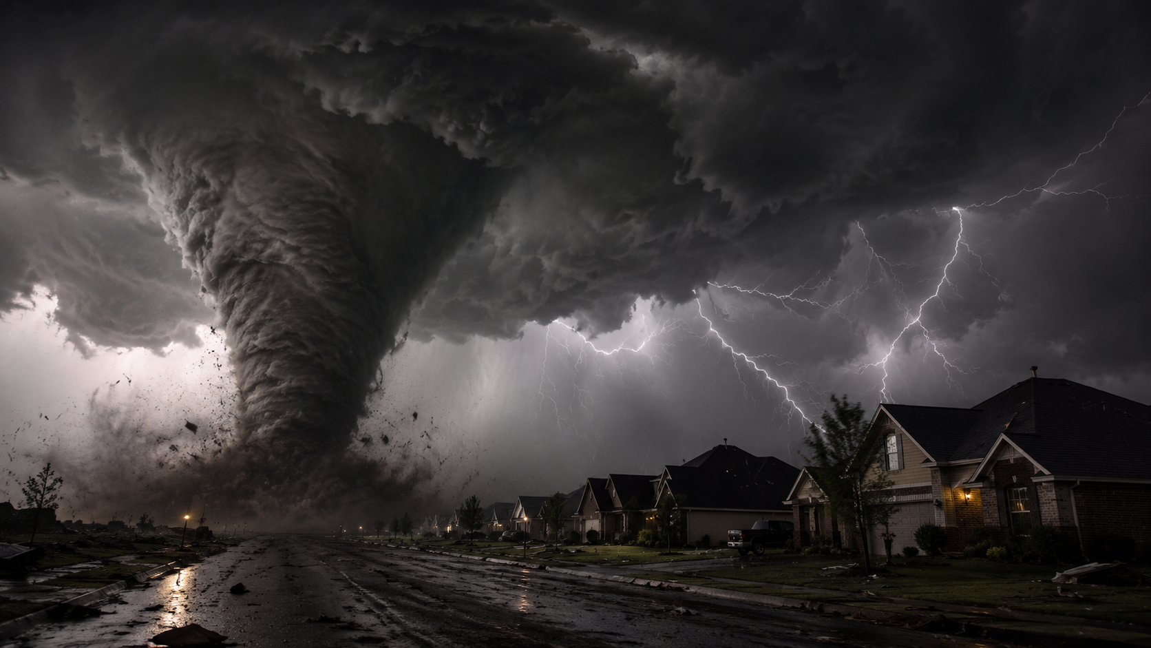 Dark thunderstorm and lightning over a wet residential street