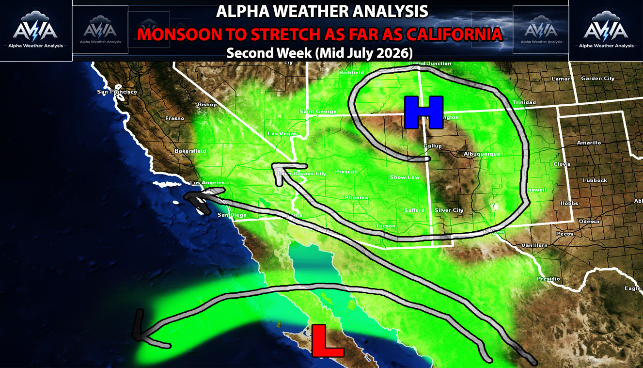 Monsoon Pattern To Return to Southwest United States, Stretching as far west as California by Mid-Month July