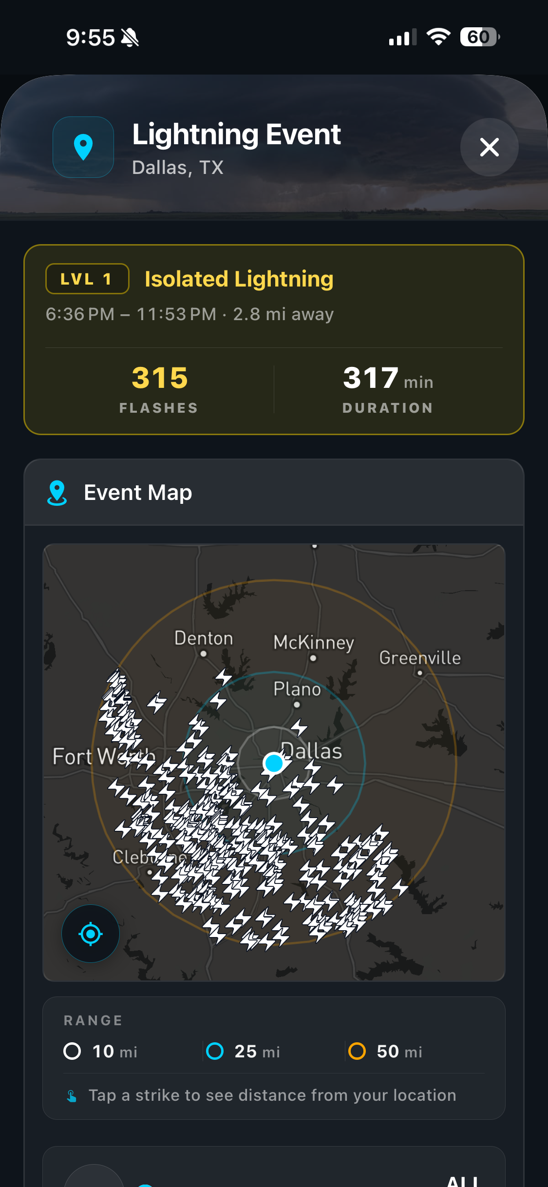 ZoneWatch lightning strike zone on iPhone