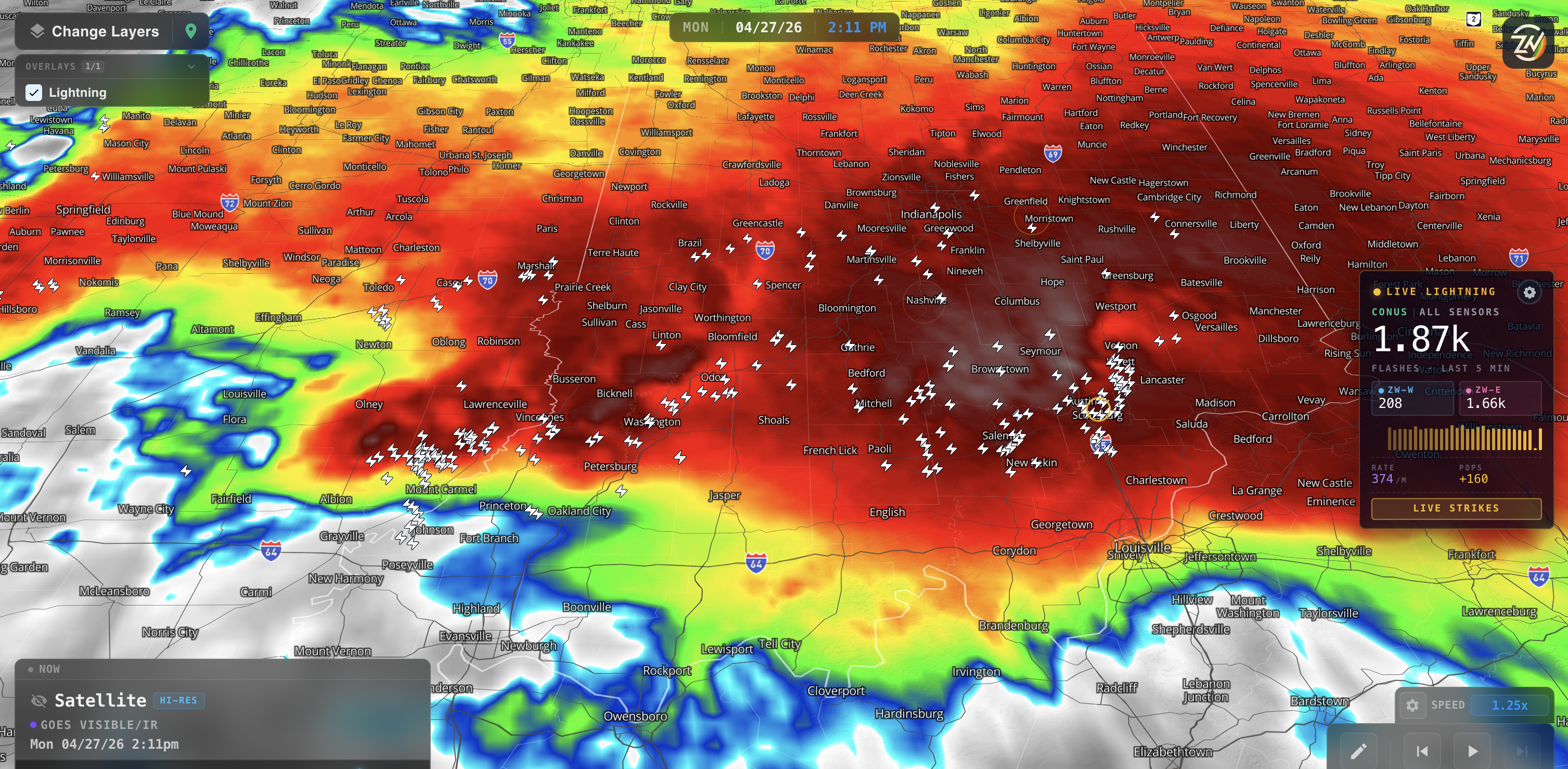 ZoneWatch GOES-19 satellite with lightning overlay